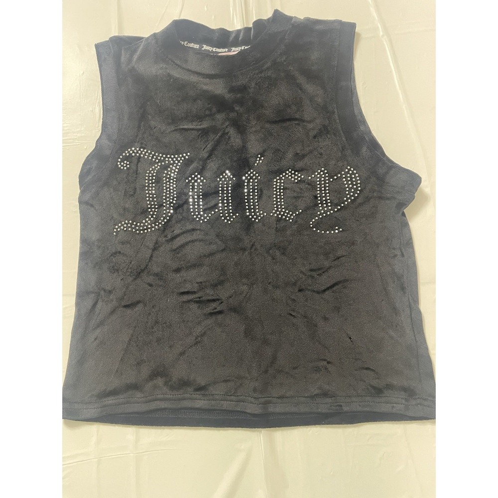 Juicy Couture Black Velour Rhinestone Logo Muscle Tank Top Cropped Y2K Small